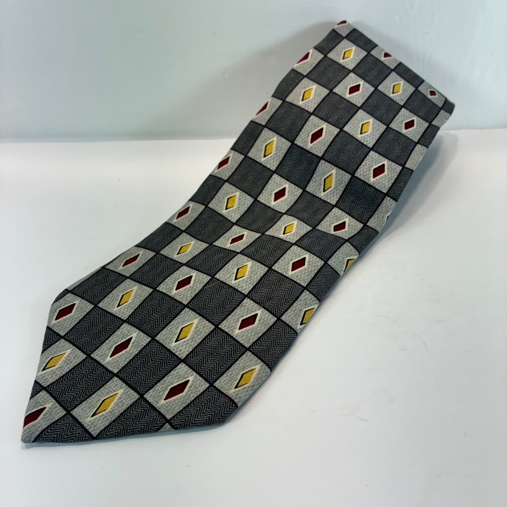 Fresco Collezione Mens Silk Tie Grey Black Geometric Diamond Herringbone USA